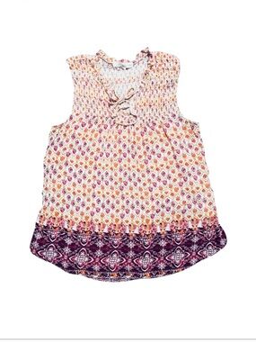 Rewind Boho Smocked Sleeveless Tank Top Floral Tie Neck Stretchy Size XL